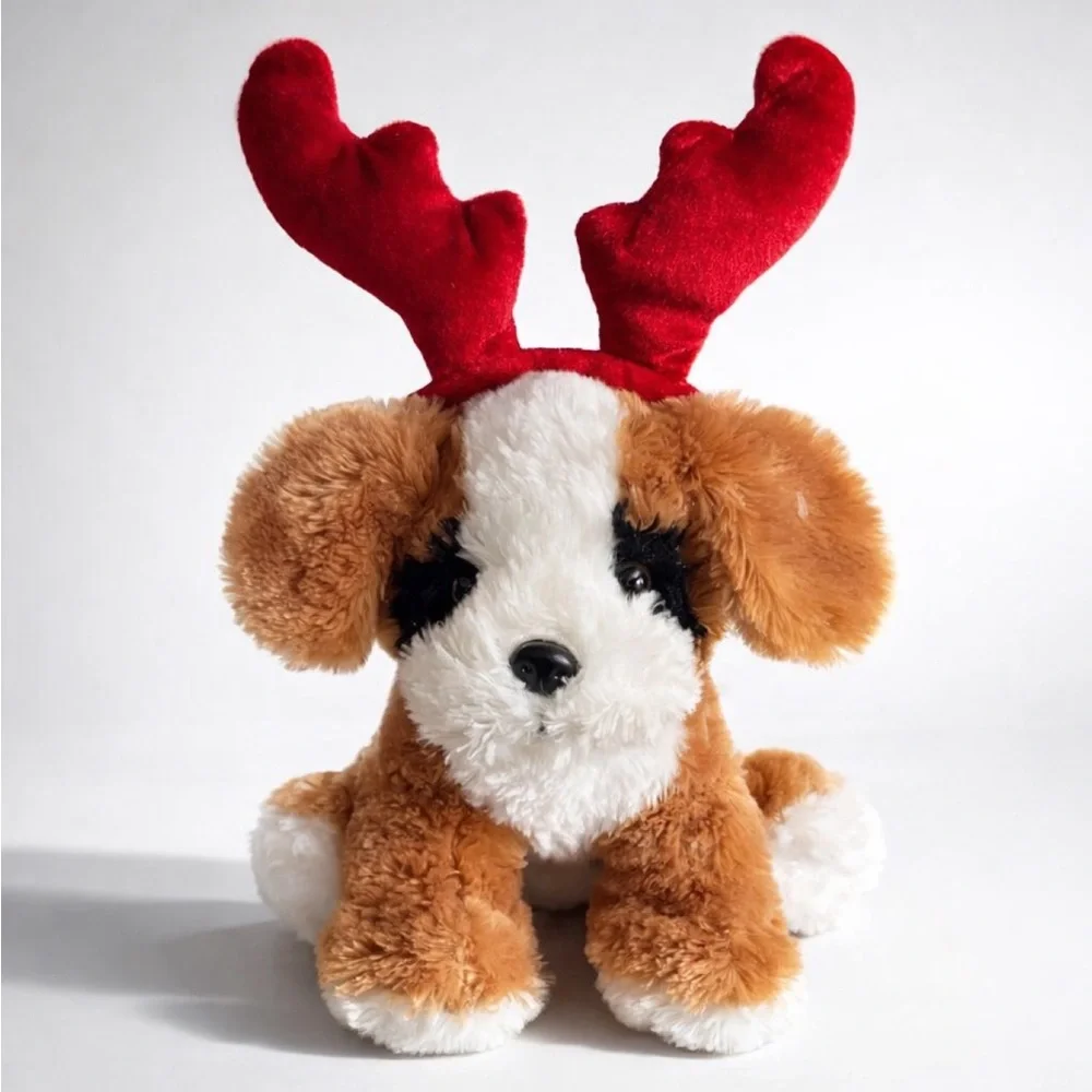 Holiday Puppy Plush with Reindeer Antlers - Brown and White Dog with Red Antlers